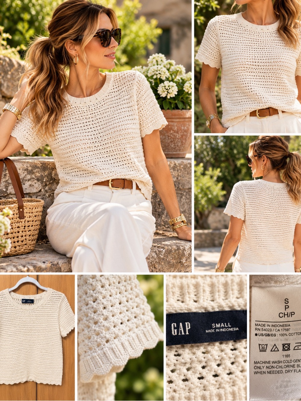 GAP Cream Crochet Short-Sleeve Knit Top